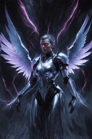 A dazzlingly radiant void voyager in a digital anime, every pixel pulsates with energy amidst the vast emptiness: metallic silver armor adorned with glowing neon accents, ethereal holographic wings shimmering in the digital ether, and piercing crimson eyes glowing with otherworldly power. The image is a digital painting, showcasing intricate details and vibrant colors that leap off the screen. This captivating depiction seamlessly blends futuristic technology with mystical allure, immersing viewers in the mesmerizing world of digital sorcery.,FuturEvoLabStyle
