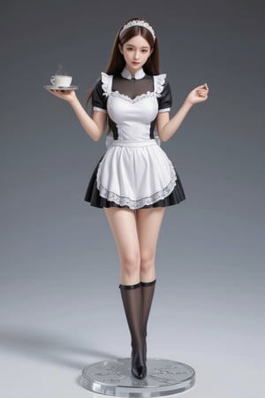 FuturEvoLabFigure, 
A high-quality anime-style figure of a beautiful girl dressed in an elegant and traditional Japanese maid outfit. The figure features long, flowing hair styled neatly, with a gentle and charming expression that radiates grace and playfulness. She is wearing a classic black and white maid dress, with a frilly white apron and lace accents. The dress is form-fitting at the bodice and flares out into a short, pleated skirt, giving her a cute and stylish appearance. She wears a matching white lace headband and small bows on her apron, adding to the maid aesthetic. Her outfit is completed with knee-high stockings and polished black shoes. In one hand, she holds a silver tray with a cup of tea, while the other hand gently rests at her side. The figure stands on a clear, minimalistic base decorated with subtle, elegant patterns, complementing her refined look. Her pose is playful yet respectful, embodying the charm and appeal of a classic Japanese maid, with attention to every delicate detail.