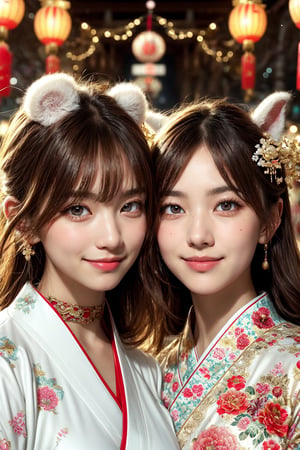 In a Japanese New Year's Eve night scene, two anime-style girls, one with rabbit ears and the other with dragon horns, are praying together. In the background, a large Joya no Kane (New Year's Eve bell) is visible. Both girls are smiling gently and are wearing traditional kimonos with chokers. The atmosphere is serene and spiritual, with a snowy background and the dimly lit temple, reflecting the peacefulness of the New Year's Eve in Japan.,Exquisite face