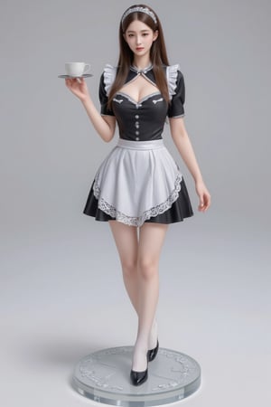 FuturEvoLabFigure, 
A high-quality anime-style figure of a beautiful girl dressed in an elegant and traditional Japanese maid outfit. The figure features long, flowing hair styled neatly, with a gentle and charming expression that radiates grace and playfulness. She is wearing a classic black and white maid dress, with a frilly white apron and lace accents. The dress is form-fitting at the bodice and flares out into a short, pleated skirt, giving her a cute and stylish appearance. She wears a matching white lace headband and small bows on her apron, adding to the maid aesthetic. Her outfit is completed with knee-high stockings and polished black shoes. In one hand, she holds a silver tray with a cup of tea, while the other hand gently rests at her side. The figure stands on a clear, minimalistic base decorated with subtle, elegant patterns, complementing her refined look. Her pose is playful yet respectful, embodying the charm and appeal of a classic Japanese maid, with attention to every delicate detail.