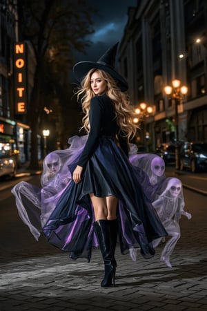 A high-quality anime-style illustration of a beautiful witch walking down a dark, empty street at night, followed by multiple transparent, ghostly spirits. She wears an elegant black and violet witch dress, complete with a pointed hat and flowing cape that catches the night breeze. Her expression is confident and calm, with a subtle, enchanting smile as she glances over her shoulder at the ghostly figures trailing behind her.

The spirits are faint and ethereal, with glowing eyes and soft, misty outlines that give them a haunting, otherworldly presence. The street is decorated with Halloween elements—flickering jack-o'-lanterns, shadowy trees, and dim street lamps casting eerie glows. Shadows dance across the cobblestone path, while moonlight and the faint glow of the spirits create a magical yet eerie atmosphere, perfectly blending the charm of the witch with the supernatural allure of Halloween night.
