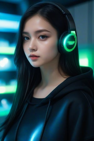 masterpiece, best quality, photorealistic, 1girl, solo, long straight hair, jet-black hair with neon highlights, looking at viewer, upper body, Cybernetic Lab Background, minimal background, neon blue and green lighting, soft shadows, focused expression, detailed skin, smooth features, cyber setup, classic portrait style, high clarity, simple background, cinematic lighting, wearing a sleek black hoodie with holographic elements and high-tech headphones, futuristic and edgy
