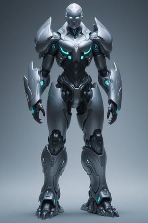 FuturEvoLabGiant, full body, solo, mecha, standing solo in a powerful pose. The design is sleek and advanced, with a combination of metallic armor plates and glowing energy conduits running through the suit. The mecha features intricate mechanical details, with reinforced limbs, glowing joints, and sharp angular components. The color scheme includes metallic silvers and grays, accented by vibrant neon blues or greens, emphasizing the futuristic and high-tech feel. The character stands confidently, exuding strength and agility, with the background softly blurred to focus entirely on the mecha’s impressive build. The overall design should evoke a sense of power, cutting-edge technology, and elegance, blending form and function seamlessly,