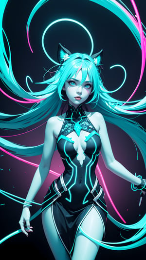 (masterpiece, best quality, fantasy, absurdres, concept art, 2.5D style), medium shot, womans hair is made from thin multicolored neon tendrils:1.5), (long thin multicolored neon string hair is flowing down her body), her hair made of thin multicolored neon tendrils is conforming to and covering her body forming a dress, neon fibers:1, cables of neon strings, cables and tech, intricate and detailed tech gear, chaos, mind blowing, beautiful detailed glow, neon tendrils, flowing, multicolored neon strings swirling around the character:1.47, intricate:1.2, detailed light:1.2, dim lit, muted color, teal and blue, hi-contrast, mid-saturation, high-res CG, dynamic angle