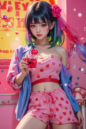 japanese cool anime,1girl,
Colorful pop art, candy pop, lollipop punk, brightly colored berry beans, emo pink lolita girl,Beautiful Eyes,A dress made of jelly and ice cream,
 maximalism designemo,dal-6 style,Color Splash