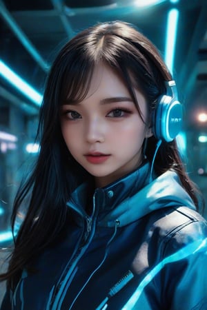 masterpiece, best quality, photorealistic, 1girl, solo, long straight hair, jet-black hair with neon blue highlights, looking at viewer, upper body, Cybernetic Lab Background with deep depth of field, neon blue and green lighting, soft shadows, focused expression, detailed skin, smooth features, cyber setup, classic portrait style, high clarity, simple background, cinematic lighting, wearing a sleek neon-lined cyber jacket with holographic elements and high-tech headphones, futuristic and edgy, FuturEvoLabMecha, FuturEvoLabAnime