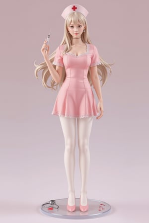 FuturEvoLabFigure, 
A high-quality anime-style figure of a stunning nurse, dressed in a cute and elegant pink nurse uniform. The figure features long, flowing hair cascading down her back, with a soft, gentle expression that exudes warmth and care. She is wearing a traditional nurse outfit, including a fitted pink dress with white accents and a matching pink nurse cap with a red cross emblem. Her dress is designed with delicate details, such as lace trim around the edges, and slightly flared at the hem, giving it a graceful, feminine touch. She holds a large syringe in one hand, giving her a slightly playful yet professional look, while the other hand gently rests at her side. Her stockings are white, paired with simple pink shoes, completing the professional yet cute appearance. The figure stands on a clear, minimalistic base with soft medical-themed elements, like a stethoscope and tiny red hearts, enhancing the nurturing, caring atmosphere. Her expression is kind and welcoming, making her appear as a compassionate and skilled nurse in a soft, pink-themed setting, 