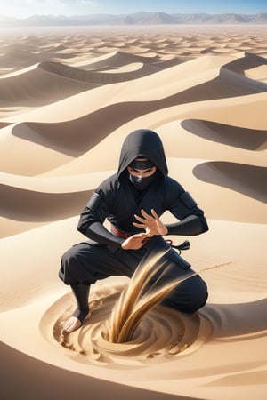 A ninja performing Earth-style ninjutsu in the desert. The ninja is concentrating, with hands in a unique seal position, as earth and sand swirl around him, forming intricate patterns. The background shows a vast desert landscape, with dunes stretching into the horizon under a clear sky. The scene captures a moment of intense focus and power, as the ninja harnesses the earth element.