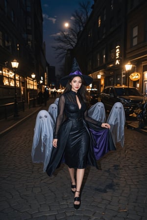 A high-quality anime-style illustration of a beautiful witch walking down a dark, empty street at night, followed by multiple transparent, ghostly spirits. She wears an elegant black and violet witch dress, complete with a pointed hat and flowing cape that catches the night breeze. Her expression is confident and calm, with a subtle, enchanting smile as she glances over her shoulder at the ghostly figures trailing behind her.

The spirits are faint and ethereal, with glowing eyes and soft, misty outlines that give them a haunting, otherworldly presence. The street is decorated with Halloween elements—flickering jack-o'-lanterns, shadowy trees, and dim street lamps casting eerie glows. Shadows dance across the cobblestone path, while moonlight and the faint glow of the spirits create a magical yet eerie atmosphere, perfectly blending the charm of the witch with the supernatural allure of Halloween night.
