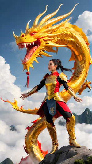 fusion of I Ching concepts 'Hidden dragon, do not act', 'The dragon appearing in the field', 'The dragon soars in the sky', and 'The dragon regrets when reaching too high', depicted with a girl wearing dragon armor, embodying the wisdom and power of these proverbs, majestic Chinese dragon elements in various forms, girl in dynamic pose with dragon-themed armor, rich symbolism, by FuturEvoLab, (masterpiece: 2), best quality, ultra highres, original, extremely detailed, perfect lighting, vibrant colors, powerful yet introspective mood, harmonious blend of tradition and fantasy, (dragon symbolism:1.5), (cultural fusion:1.3), (dynamic composition:1.2),CHINESE DRAGON,Chinese dragon,Mecha