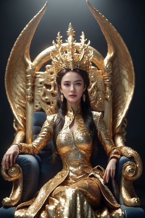 A very beautiful queen sitting on a black throne made of gold, with a serpent-dragon like elements and design, intricate details, dramatic lighting, hyperrealism, photorealistic, cinematic, 8k sharp focus, unreal engine 5 effects--niji 5, style expressive,Gold