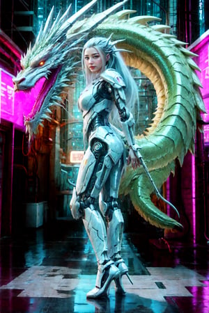 Full body portrait of a robot female with a human face, dragon skin, and dragon scale pattern, holding a dragon head weapon, long white hair, dragon-themed attire, set in outer space with a complex background featuring Chinese Dragon, Mecha, and Cyberpunk elements, by FuturEvoLab, (masterpiece: 2), best quality, ultra highres, original, extremely detailed, perfect lighting, vibrant colors, dynamic composition, (complex background:1.1), futuristic and imaginative,Strong Backlit Particles