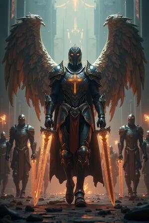 A hyper-realistic image of a tall, sturdy, bulky but sleek holy knight weilding a twohanded great sword raised up with both hands, glowing with royal aura, holy armor is intricately designed. intricately detailed holy wings folded in. running forward as vanguard in front of his royal warrior knights, the ground breaks and bursts at his every step forming an explosive debris of rocks and dirt.,FuturEvoLabScene