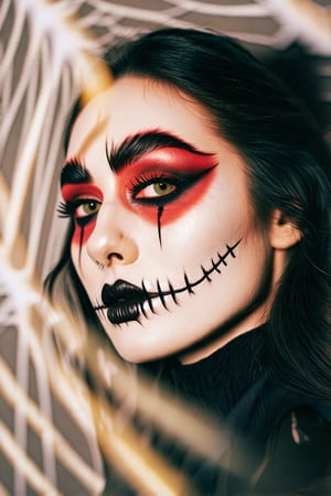 Halloween theme, Halloween makeup, Minimalist close-up of a woman’s face, with abstract and blurred forms highlighting feminine beauty, High-contrast color collision with stunning simplicity, ample white space, and an artful composition, masterpiece quality.