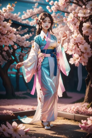 1girl, (full body), hanfu, flower field, blossom,glowing skin, (floating colorful sparkles) elegant, a brutalist designed, vivid colours, romanticism depth of field,Sakura