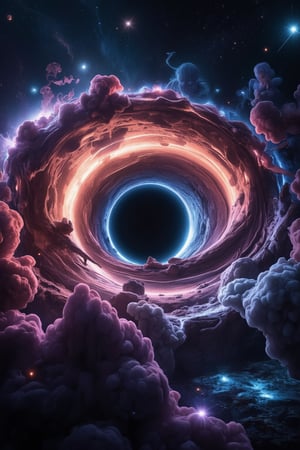 A breathtaking view of a supermassive black hole at the center of a distant galaxy, surrounded by swirling clouds of vibrant, glowing cosmic dust and gas. The black hole's event horizon emits a subtle, eerie glow, pulling in matter with a mesmerizing gravitational force. Bright, colorful accretion disks spiral around the black hole, creating a stunning contrast between the deep void and the surrounding light. Stars and nebulae in the background add depth to the scene, while the intense energy warps spacetime itself, creating a surreal yet realistic visual of this cosmic phenomenon. The scene is both scientifically accurate and infused with a sense of otherworldly wonder, FuturEvoLabScene