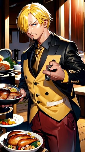 8k, best quality, ultra high res, masterpiece, , sanji2, suit, hair_over_one_eye, yellow hair, eyebrow, black shirts, necktie, Burgundy jacket, facial hair, cowboy shot, cooking, Thanksgiving turkey, roasted turkey, Cyberpunk