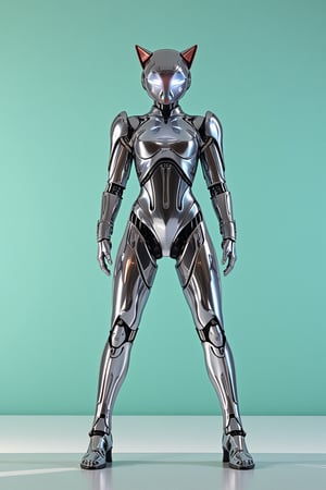 A futuristic female robot with a cat-eared helmet, standing in a dynamic pose. The body is entirely chrome silver with a mirror-like finish, reflecting light and surroundings. The design is sleek and mechanical, with visible joints and panels that emphasize its robotic nature.
The head features a helmet shaped like a stylized cat's head, with pointed ears and a visor where the eyes would be. The helmet retains the chrome silver finish of the body.
The robot's pose is slightly dynamic, suggesting readiness for action. Its limbs are slender but strong-looking, with intricate mechanical details visible in the joints and extremities.
The background is a simple gradient, perhaps a light teal or soft green, to make the chrome body stand out. Lighting is carefully placed to accentuate the reflective surfaces of the robot's body, creating highlights and subtle reflections.
No weapons or additional accessories are present, focusing solely on the robot's striking appearance.
Hyper-detailed, 8K resolution, product photography style mixed with sci-fi concept art. Influenced by anime mecha designs and modern robotics.,FuturEvoLabNinja,FuturEvoLabScene