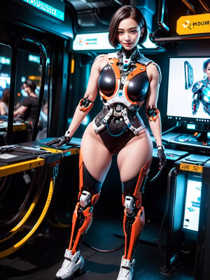 (masterpiece, high quality:1.5), (8K, HDR, ultra-detailed), 
1girl, beautiful girl, full body, looking at the viewer, cyberpunk girl, futuristic girl, futuristic outfit, bodysuit, robotic limbs, mechanical arms, lying, short hair, FuturEvoLabCyberpunk, FuturEvoLabGirl, FuturEvoLabMecha, FuturEvoLab