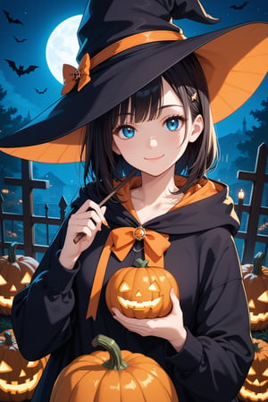 score_9, score_8_up, score_7_up, score_6_up, (masterpiece, best quality:1.2), , medsonlima, 1girl, hat, solo, witch hat, blue eyes, halloween, holding, jack-o'-lantern, smile, looking at viewer, black hair, upper body, bow, bangs, hood, long hair, pumpkin, closed mouth, hood down, long sleeves,FuturEvoLabgirl