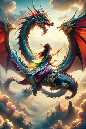 Chinese girl, riding a giant dragon, colorful Xia Yi traditional dress, vibrant colors, majestic dragon, serene expression, ancient Chinese mythology, aerial view, flying through clouds, mystical atmosphere, harmonious interaction, detailed dragon scales, traditional Chinese patterns, flowing fabrics, (masterpiece: 2), best quality, ultra highres, original, extremely detailed, perfect lighting,Holy light