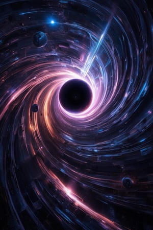 A highly detailed depiction of a black hole on the edge of a collapsing star system, with tendrils of plasma being pulled into the event horizon. The black hole sits at the heart of the image, a dark, almost invisible sphere, with gravitational lensing distorting the stars and galaxies behind it. Surrounding the black hole is an intensely bright accretion disk, glowing in vivid shades of blue, purple, and orange. Wisps of cosmic dust and gas stream towards the singularity, creating a sense of motion and energy. The background features distant galaxies and nebulae, making the scene feel vast and mysterious, blending fantasy with scientific realism, FuturEvoLabScene