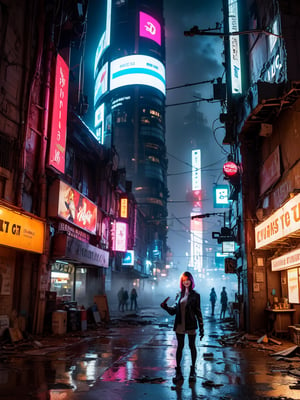 (masterpiece, high quality:1.5), (8K, HDR, ultra-detailed), photorealistic, 
BREAK
1girl, solo, cyberpunk girl, futuristic girl, against a misty post-apocalyptic cityscape, a humanoid robot stands tall, its orange head and large black eyes surveying the desolate surroundings, wearing a black leather jacket, raises its right hand near its head, urban street lined with neon signs and advertisements, futuristic glow amidst ruins, abandoned vehicles, dilapidated buildings, fog swirls around the robot, shrouding in mystery, dystopian landscape, dystopian cyberpunk, FuturEvoLabCyberpunk, FuturEvoLabGirl, 
