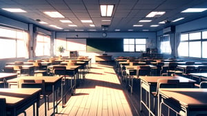 High-resolution, photorealistic image of an empty modern Japanese high school classroom. The perspective is a front-facing view, using a first-person perspective as if someone is lying on the ground looking upwards towards the ceiling. The composition is symmetrical. It is noon on a bright day, with sunlight streaming in from the windows at the side. In the distance, there is a large rectangular black display monitor, Bold design,