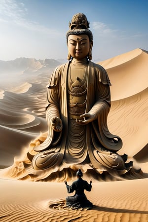 A ninja in realistic style performing Earth-style ninjutsu in the desert, summoning a grand and massive Thousand-Handed Guanyin Buddha statue made of sand and earth. The statue is towering and majestic, with countless detailed hands extending in all directions, each hand demonstrating a different symbolic gesture. The serene and compassionate expression of Guanyin adds a profound sense of peace to the scene. The backdrop is a vast desert landscape, with towering dunes under a clear sky, emphasizing the epic scale and spiritual significance of the summoned sand Guanyin statue.