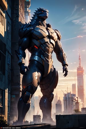 (Masterpiece:1.5), (Best quality:1.5), Cyberpunk style, full body, A towering, majestic Godzilla, towering above the city with scales shimmering in the sunlight. This larger-than-life reptilian creature is depicted in a realistic painting, showcasing its iconic features in intricate detail. The artist expertly captures the creature's immense power and strength, with every scale, claw, and fang meticulously rendered. The image exudes a sense of awe and wonder, drawing viewers into the fantastical world of this legendary monster.