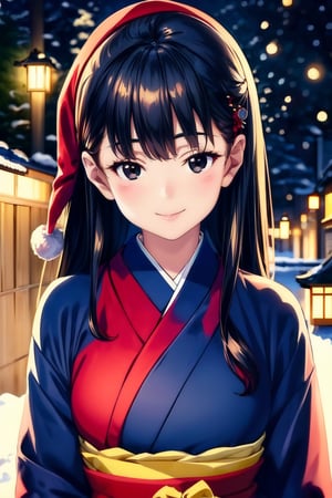 Warm lighting, beautiful Japanese girl, detailed face, shy smile, black eyes, straight black hair, luxurious red hairpin, details (brocade kimono of dark blue silk fabric), Kyoto, outdoor, winter, snow, upper body, realistic ,Japanese girl,Santa Claus,young girl,CyberMechaGirl