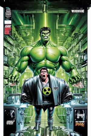 A comic book cover with the Hulk transforming from grey to green. The background shows a 1960s-style laboratory with gamma radiation equipment and Bruce Banner in a scientist's coat, shocked at the transformation.,FuturEvoLabBoy