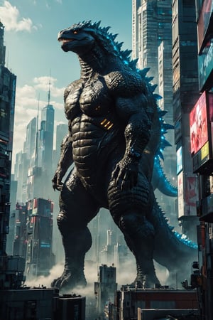 (Masterpiece:1.5), (Best quality:1.5), Cyberpunk style, full body, A towering, majestic Godzilla, towering above the city with scales shimmering in the sunlight. This larger-than-life reptilian creature is depicted in a realistic painting, showcasing its iconic features in intricate detail. The artist expertly captures the creature's immense power and strength, with every scale, claw, and fang meticulously rendered. The image exudes a sense of awe and wonder, drawing viewers into the fantastical world of this legendary monster.