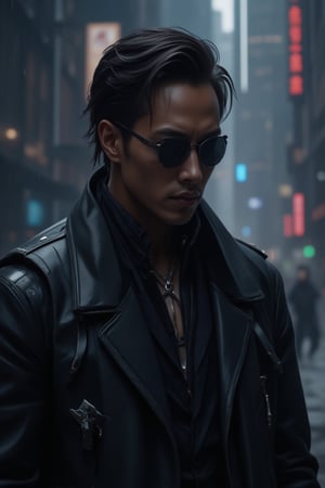 A close-up shot of a man wearing sleek black sunglasses and a long, flowing black leather trench coat, reminiscent of characters from *The Matrix*. His expression is stoic, exuding a sense of mystery and power. The futuristic coat is detailed with subtle metallic accents and cybernetic enhancements visible on his neck and collar. The background features a dark, dystopian city with neon lights reflecting off his sunglasses, digital rain falling, and towering skyscrapers in the distance, evoking a cyberpunk atmosphere. The scene is intense and filled with a futuristic, high-tech vibe, focusing on the man's upper body and head, capturing his presence and confidence.,FuturEvoLabScene,FuturEvoLabNinja