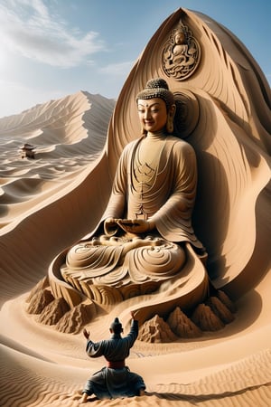 A ninja in realistic style performing Earth-style ninjutsu in the desert, summoning a grand and massive Buddha statue made of sand and earth. The Buddha statue is towering and majestic, with detailed features and a serene expression that showcase the power and precision of the ninja's technique. The scene is set against a vast desert backdrop, with towering dunes and a clear sky, highlighting the epic scale of the summoned sand Buddha statue. The image captures the essence of peace and mysticism blended with the realism of martial prowess.