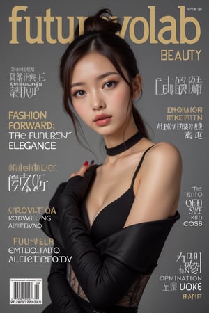 A high-fashion magazine cover featuring a close-up, upper-body shot of a beautiful Japanese female model with an enhanced bust size, confidently posing with elegance. Her sharp yet graceful facial features are highlighted, and she wears a stylish, modern outfit that accentuates her figure while maintaining a sophisticated and polished look. The background is a neutral gray with professional, magazine-quality lighting that enhances her photorealistic skin texture.

Across the cover, bold and stylish magazine text is displayed, including the title in elegant font: **"FuturEvoLab Beauty"** at the top. Other headlines include:
- **"Fashion Forward: The Future of Elegance"**
- **"Secrets to Confidence and Style"**
- **"Model of the Year: Embracing Allure and Power"**

The overall composition combines high-end fashion photography with captivating headlines that frame the model’s pose, drawing attention to her beauty and presence. The cover reflects sophistication, confidence, and modern fashion, with the FuturEvoLabBeautify aesthetic enhancing the visual impact.