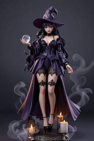 FuturEvoLabFigure, A stunning anime-style figure of a beautiful Dark Witch, dressed in a flowing black and deep purple gown with lace details. Her long, raven-black hair cascades down her back, and she wears a tall, pointed witch hat adorned with silver crescent moons. She holds a glowing crystal ball in one hand, her eyes shining with a mystical glow. The base is decorated with magical runes, glowing candles, and a swirling mist, creating a mysterious and powerful atmosphere. Her expression is both alluring and dangerous, capturing the essence of dark magic and Halloween mystery.