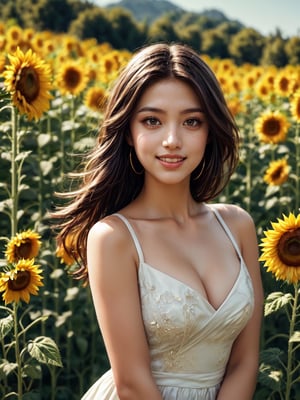 1girl, solo, elegant girl, upper body, ultra-realistic portrait of a graceful young lady standing in front of a field of sunflowers, golden hour light, luminous skin, elegant face, happy expression, sunflower field background, golden glow, nature's princess,
(8k, HDR, extremely detailed, masterpiece, best quality:1.3), film style, film grain, hasselblad style, hasselblad lens style