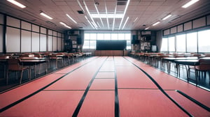 An empty futuristic Japanese high school classroom, interior designed with a bold, futuristic style, depicted in a high-resolution, photorealistic style. The perspective is a symmetrical front view from the first-person perspective, lying down, looking from the floor up towards the ceiling. It's morning, during the day, and in the distance, there's a large rectangular black monitor. The floor is covered with bedding, resembling a Japanese shelter. The decor features bold pink and red tones, giving a sense of a daring design. 