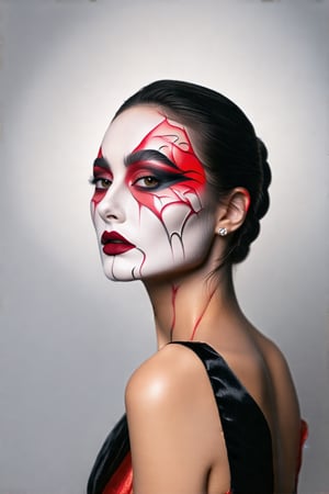 Minimalist Halloween-themed close-up of a woman’s upper body, with striking, abstract makeup in red, black, and white. Soft, blurred lines and high contrast emphasize her beauty, set against a gradient background with ample white space. An elegant, eerie portrait with a masterful, minimalist composition.
