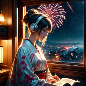 A cute LOFI music themed anime-style girl wearing a winter kimono, leisurely reading a book by a window. She is wearing headphones and listening to music. The window offers a view of a vast night sky filled with stars and fireworks, set in a cyberpunk world. The image features a warm color palette, creating a cozy and inviting atmosphere. This scene combines traditional Japanese elements with a futuristic cyberpunk setting, capturing the essence of a serene winter night. perfectly suited for a LOFI music background.,Lofi style