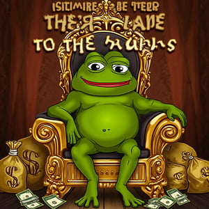 Pepe meme, 
Pepe in a luxurious setting, lounging on a golden throne surrounded by bags of money and expensive items. The text could say: "When your meme stocks take you to the moon." It's a lighthearted reference to meme stock successes like GameStop and AMC.