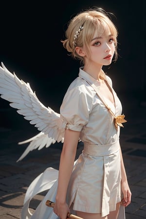 a 20 yo woman, blonde, (hi-top fade:1.3), magical theme, soothing tones, muted colors, high contrast, (natural skin texture, hyperrealism, soft light, sharp), card captor Sakura (winged costume)