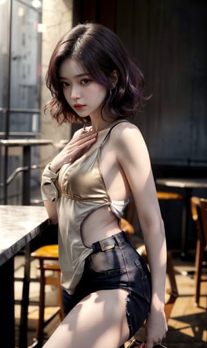 1 girl, narrow waist, middle breasts, plump,parted lips, hair highlights, curly hair, balayage brown and purple hair, wearing a Y2K outfit, scratch posture, sunlight, sunshine on body, sunset, golden hour, indoors, warm color, warm light, pale skin, real skin, super white skin, (white skin:1.2), (best quality, highres, photorealistic, raw, 8k,masterpiece, ),best quality, masterpiec8K.HDR. highresabsurdres:1.2, film grain, blurrybokeh:1.2, lens flare, (vibrant color:1.2), (delicate), dark studio, instagramer, cute girl, drinking, inside a cafe rooftop (holding a cold coffee on right hand), lips are parted