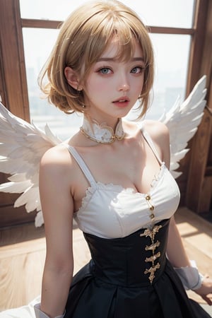 a 20 yo woman, blonde, (hi-top fade:1.3), magical theme, soothing tones, muted colors, high contrast, (natural skin texture, hyperrealism, soft light, sharp), card captor Sakura (winged costume), cute harajuku style