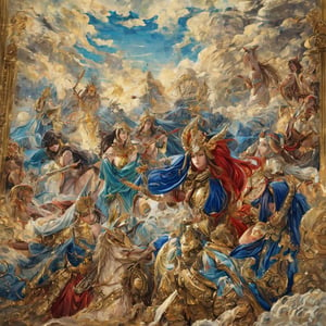 An ancient painting depicting the war between the heavens between groups of beautiful women, they are like gods and demons, each of them transcends any word and borders, any brush, any man, all scenes. This Chosen One you sit in his lap and they both watch the battlefield between these girls the heavens break and reveal this final battle,