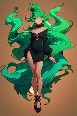 Appearance
Tatsumaki is a petite woman, commonly mistaken for being much younger than she really is. She has an adolescent face with emerald green eyes, and matching green hair that naturally curls up on the ends.[7] She wears a form-fitting V-neck black dress with a high collar, long sleeves, and four high-cut leg slits that show off her shapely long legs and black low-heeled shoes. She is occasionally