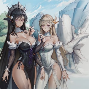 masterpiece, best quality, highres, titania1, 1girl, purple eyes, solo, cleavage, very long hair, large breasts, black hair, bare shoulders, detached sleeves, strapless dress, black dress, long dress, corset, , cowboy shot, forest, , titania,(best quality:1.2),(masterpiece, intricate details),master designer,pencil speed drawing works,((user manual, sketch:1.5)),Parts Description,(detailed explanation and description, text, production drawing),documentation,Design Process,high-tech,super factory design product,monochrome,(female  design sketch),araneesama style