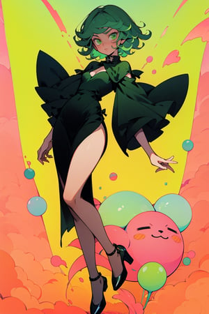 Appearance
Tatsumaki is a petite woman, commonly mistaken for being much younger than she really is. She has an adolescent face with emerald green eyes, and matching green hair that naturally curls up on the ends.[7] She wears a form-fitting V-neck black dress with a high collar, long sleeves, and four high-cut leg slits that show off her shapely long legs and black low-heeled shoes. She is occasionally ,masterpiece,beautyniji,nijistyle,niji,greg rutkowski,(best quality