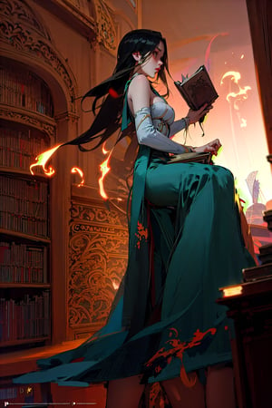  Perfect body, medium breasts, hair flames, perfect features, exquisite details, intense expressions, Model poses، An academic student on the library floor, many shelves trying to hold a book and study it, romantic lights after dusk, of a modest nature.